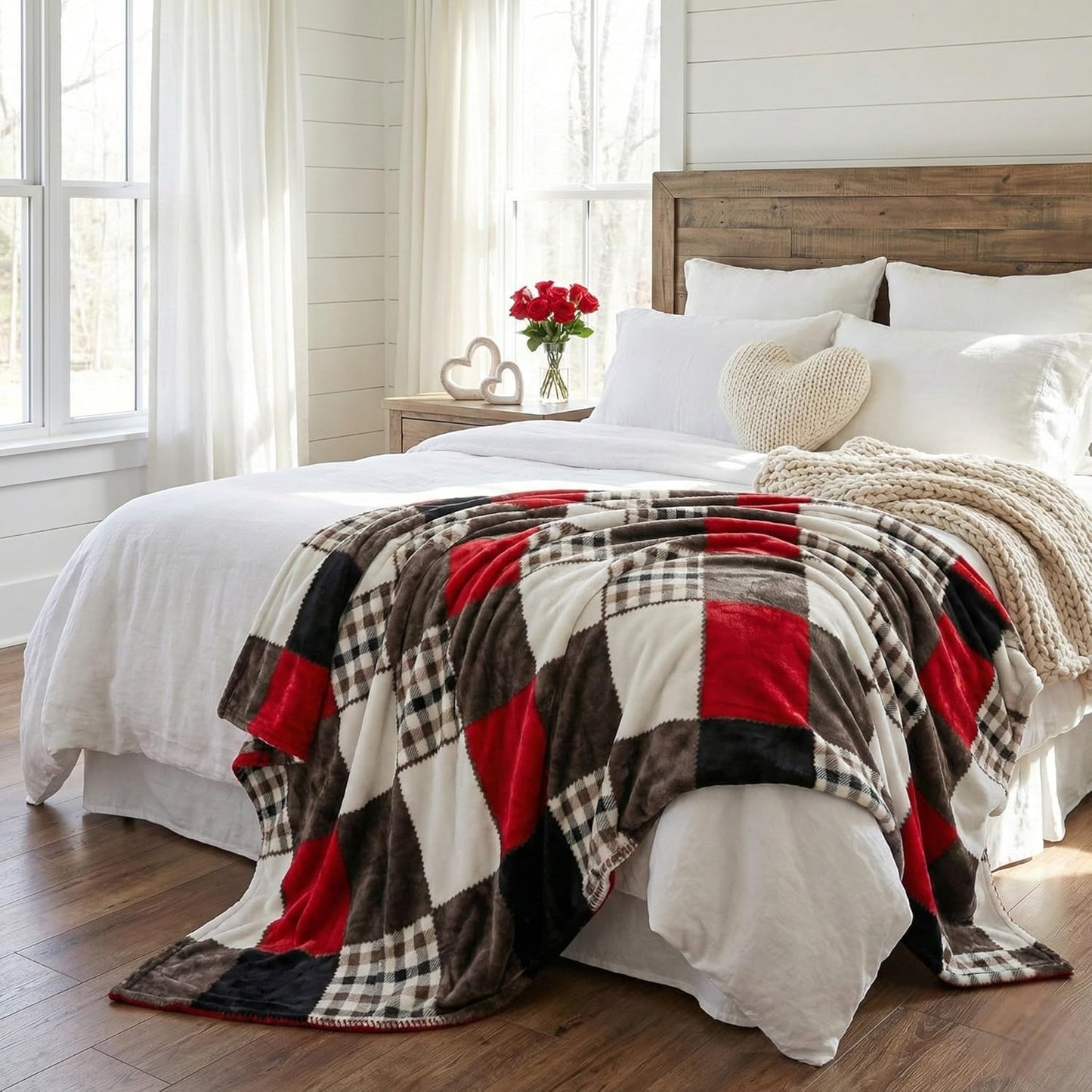 63x90, Tache Holiday Red Farmhouse Super Soft Plaid Patchwork Plush Lightweight Decorative Couch Travel, Lap, Bed Throw