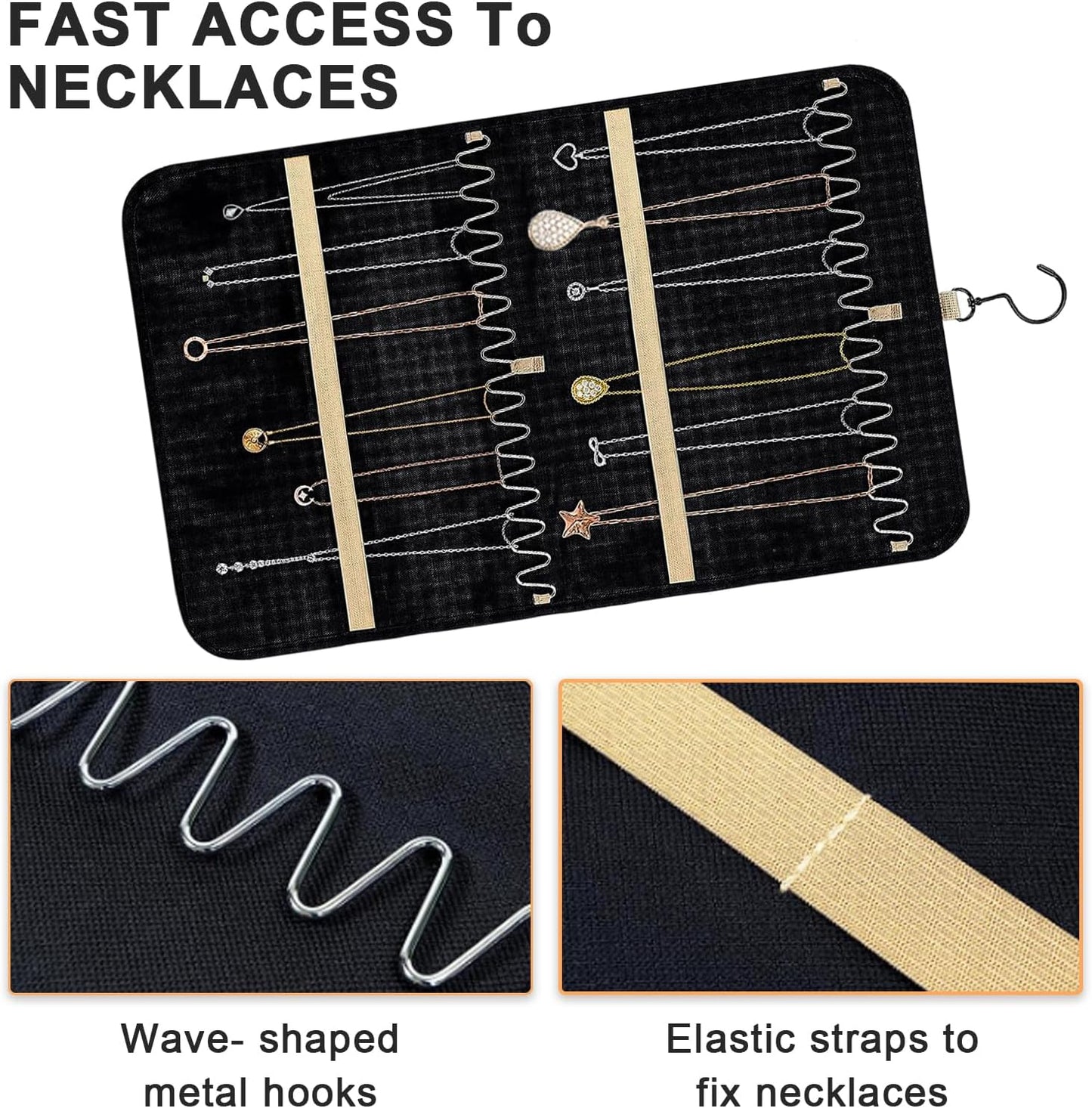 Double Sided Hanging Jewelry Organizer, 32/48 Pockets, 14/21 Hook Loops, Foldable Travel Jewelry Roll Organizer for