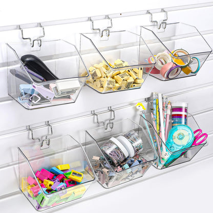 Layhit 6 Set Slatwall Bins Plastic Slatwall Baskets with Metal Hooks Hanging Containers Storage Organizer Pegboard Accessories for Garage Craft Workshop Office Storage