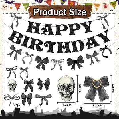 Lovarywow Black Bow Party Decorations - 13PCS Gothic Birthday Decorations, Skull Skeleton Goth Party Supplies for Girls Women, Black Bow Coquete Happy Birthday Banners Hanging Swirls