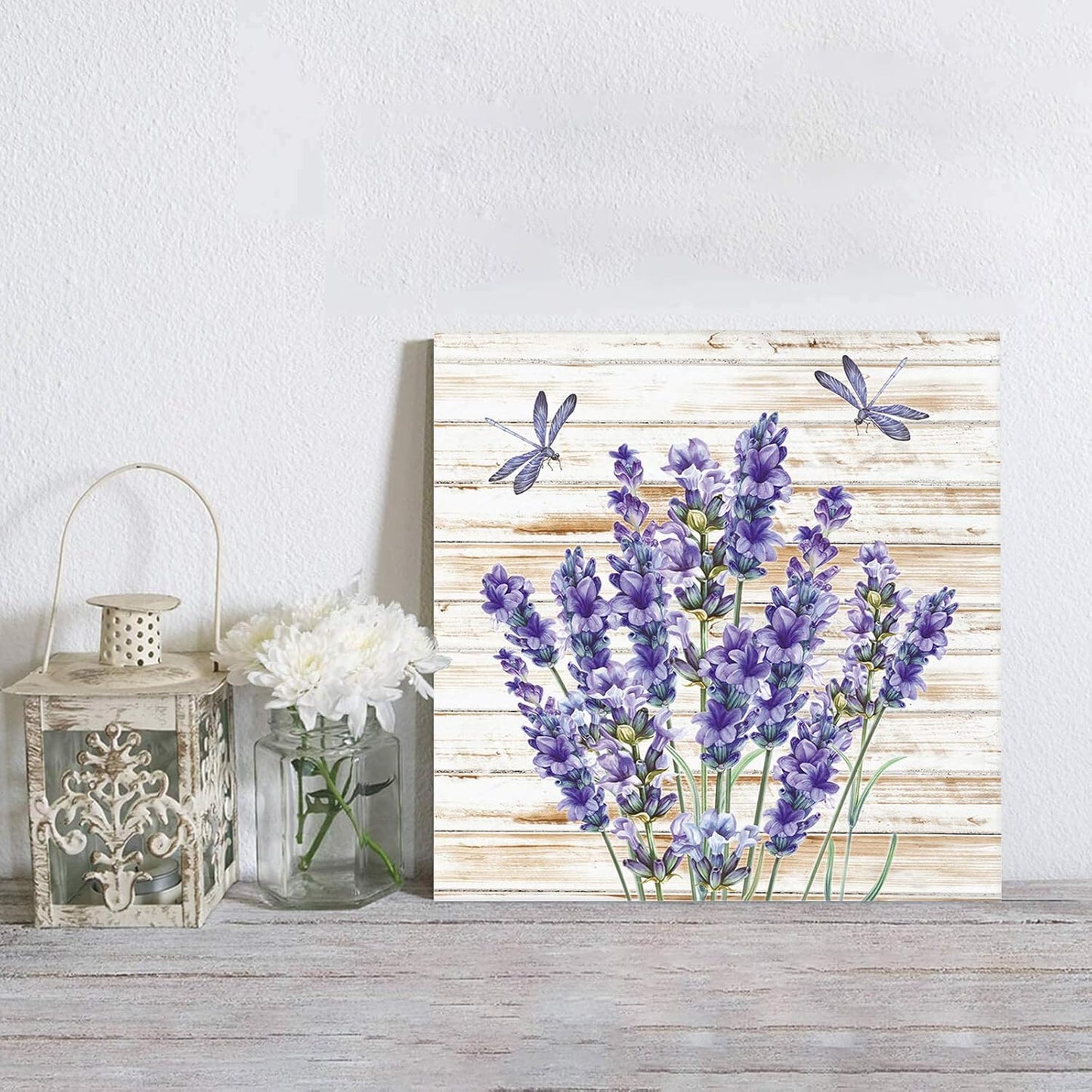 Canvas Wall Art for Living Room, Purple Floral Lavender Dragonfly, Rustic Modern Farmhouse Decor, Framed 16'' x 16''
