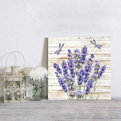 Canvas Wall Art for Living Room, Purple Floral Lavender Dragonfly, Rustic Modern Farmhouse Decor, Framed 16'' x 16''