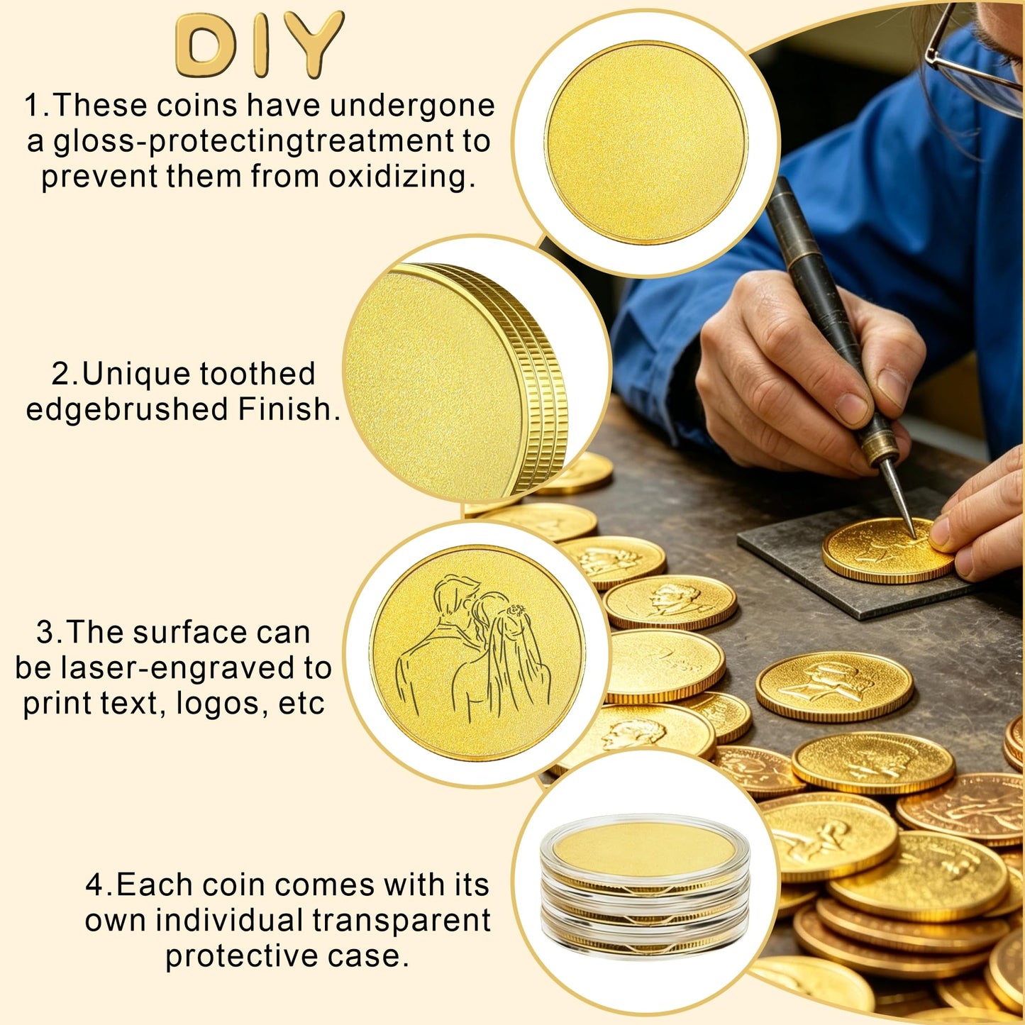 QZV 12 Pcs Brass Coin Blanks with Acrylic Protection Box, 40mm Blank Coins for Laser Engraving Stamping DIY Crafts Commemorative Collection and Gifts