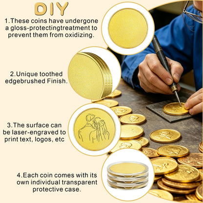 QZV 12 Pcs Brass Coin Blanks with Acrylic Protection Box, 40mm Blank Coins for Laser Engraving Stamping DIY Crafts Commemorative Collection and Gifts
