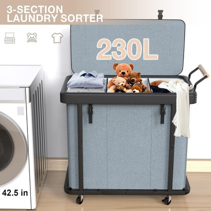 60 Gal (230L) Laundry Hamper 3 Section with Lid, Leather Patchwork Laundry Sorter with Rolling Lockable Wheels and Handle, Laundry Basket Organizer for Laundry Room, Bedroom and Bathroom - Gray