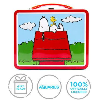 Aquarius Peanuts Snoopy Tin Fun Box with Embossed Cover and Handle 8 x 6 Inches - Collectible Retro Container for Kids Toys, Cards and Memorabilia