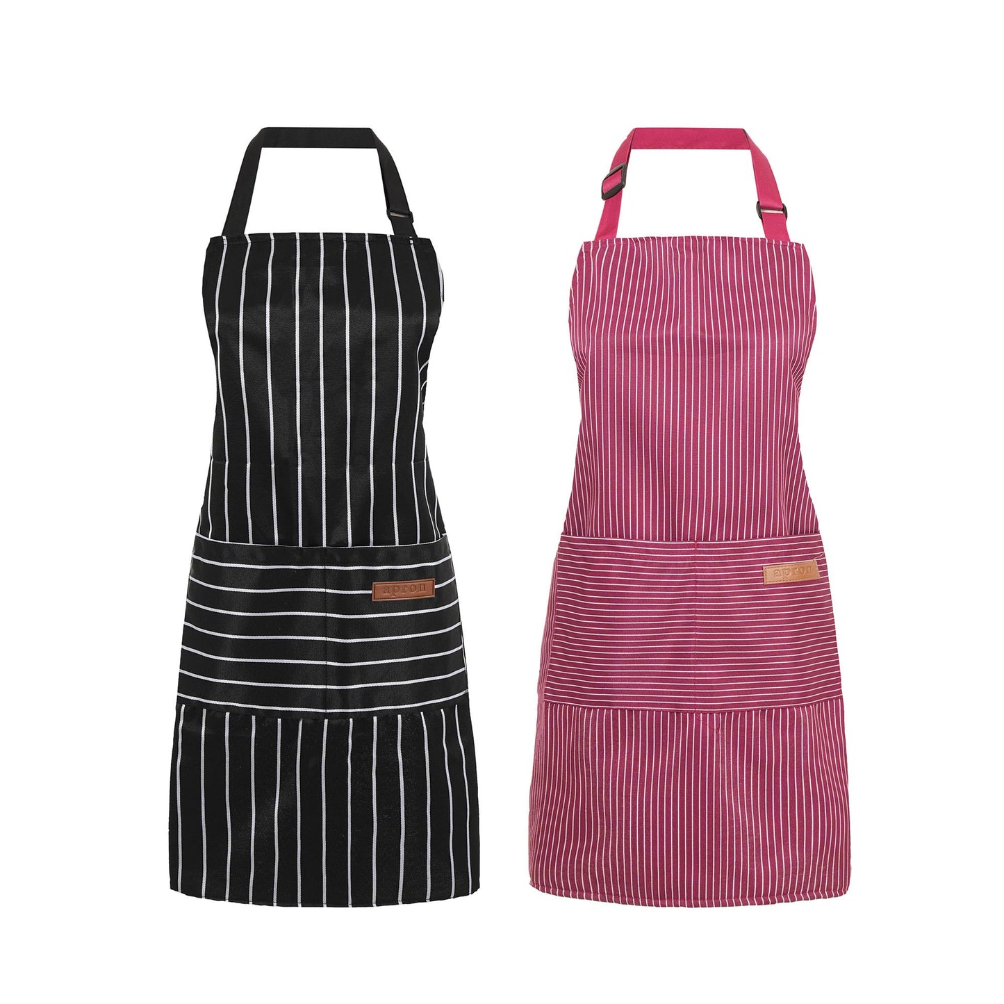 ARBINSON 2 Pack Cooking Aprons Adjustable Bib Apron for Women with 2 Pockets, Kitchen Restaurant Men Chefs Aprons (Black/Wine Stripes)