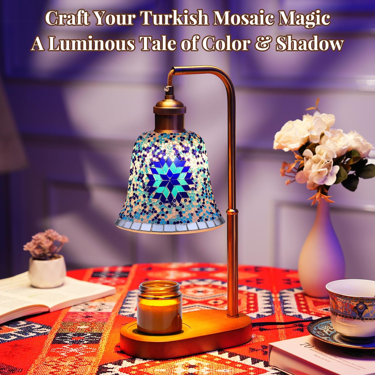 DIY Turkish Mosaic Candle Warmer Lamp Kit, Stained Glass Wax Melt Warmer Lamp Making Kit- Easy,Fun, No Experience Needed, Mosaic Art &Craft Project Kits for Adults &Teens, Make Your Own Lamp, Blue