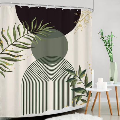 Mitpok Dark Green Boho Shower Curtain 60Wx72H Teal Green Modern Bohemian Mid Century Abstract Gold Leaves Plant Bathroom Decor Minimalist Geometric Neutral Bath Curtain Fabric Polyester 12 Pack Hooks
