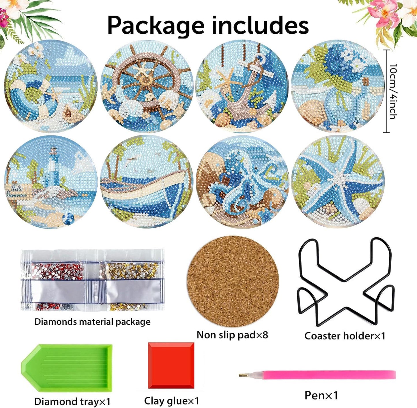 croshom Ocean Diamond Art Coasters Kits, 8 Pieces Ocean Diamond Painting Coasters with Holder, Diamonds Art Painting Kits for Adults, 5D DIY Wooden Coaster for Gift
