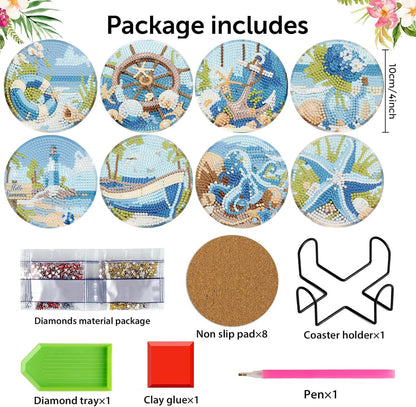 croshom Ocean Diamond Art Coasters Kits, 8 Pieces Ocean Diamond Painting Coasters with Holder, Diamonds Art Painting Kits for Adults, 5D DIY Wooden Coaster for Gift