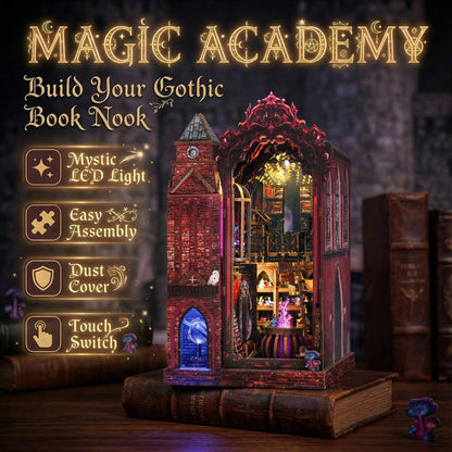 Magic Castle Book Nook Bookshelf Insert Kit – LED Infinity Mirror 3D Wooden Puzzle with Gear Mechanism,368 Pcs DIY Model for Fantasy Book Decor, Gifts for Adults & Teens