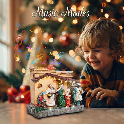 Lighted Christmas Nativity Set Indoor 9.3 Inch Village Resin Stable Manger Nativity Figurine with Music, Battery Operated Light up Tabletop Decorations for Interior Holiday Displays Ornament Gift