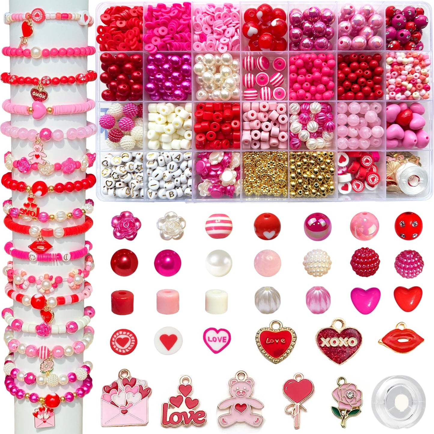 1800PCS+ Valentine’s Day Beads for Bracelets Jewelry Making Set, Pink Red Polymer Clay Beads Assorted Pearl Acrylic Heart Bead Letter Spacer Flower Bead and Heart Charms for Necklace Bracelets Making