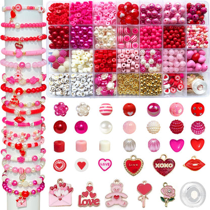 1800PCS+ Valentine’s Day Beads for Bracelets Jewelry Making Set, Pink Red Polymer Clay Beads Assorted Pearl Acrylic Heart Bead Letter Spacer Flower Bead and Heart Charms for Necklace Bracelets Making