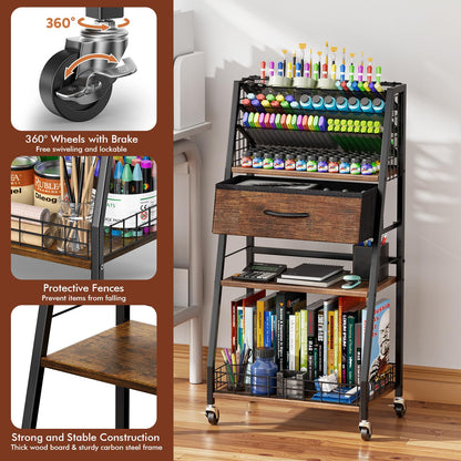 Housolution 3 Tier Rolling Cart with Drawer, Utility Cart with Lockable Wheels, Multi-Functional Arts and Crafts Organizer Storage for Brushes & Paints & Artifacts, Ideal for Home Office Studio