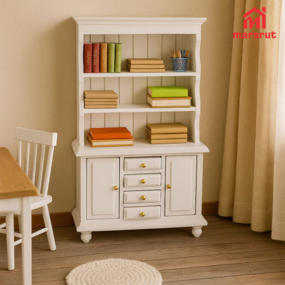 Dollhouse Miniature Cabinet 1/12 Scale Bookshelf Bookcase Cupboard Hutch, Mini Furniture Kitchen Accessories, European Items Living Room Wooden Storage Sideboard Display Showcase Shelves, White