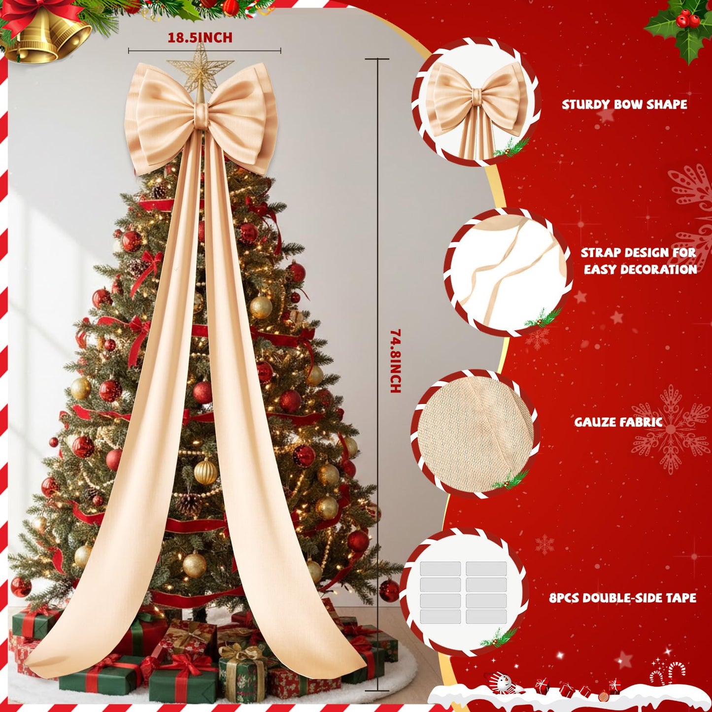 Giant Bow Decoration,78x18 Inch Gold Big Bows Giant Ribbon Tie for Backdrop Wedding Baby Shower Bridal Engagement Birthday Christmas Party Decor(Gold,Satin)