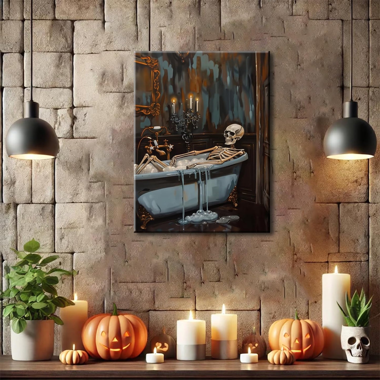 Framed Funny Halloween Skeleton Bathroom Wall Art, Soaking My Bones Pictures Wall Decor, Moody Gothic Dark Academia Paintings Canvas Prints Spooky Home Decor for Living Room Bedroom Dorm 12x16 inch