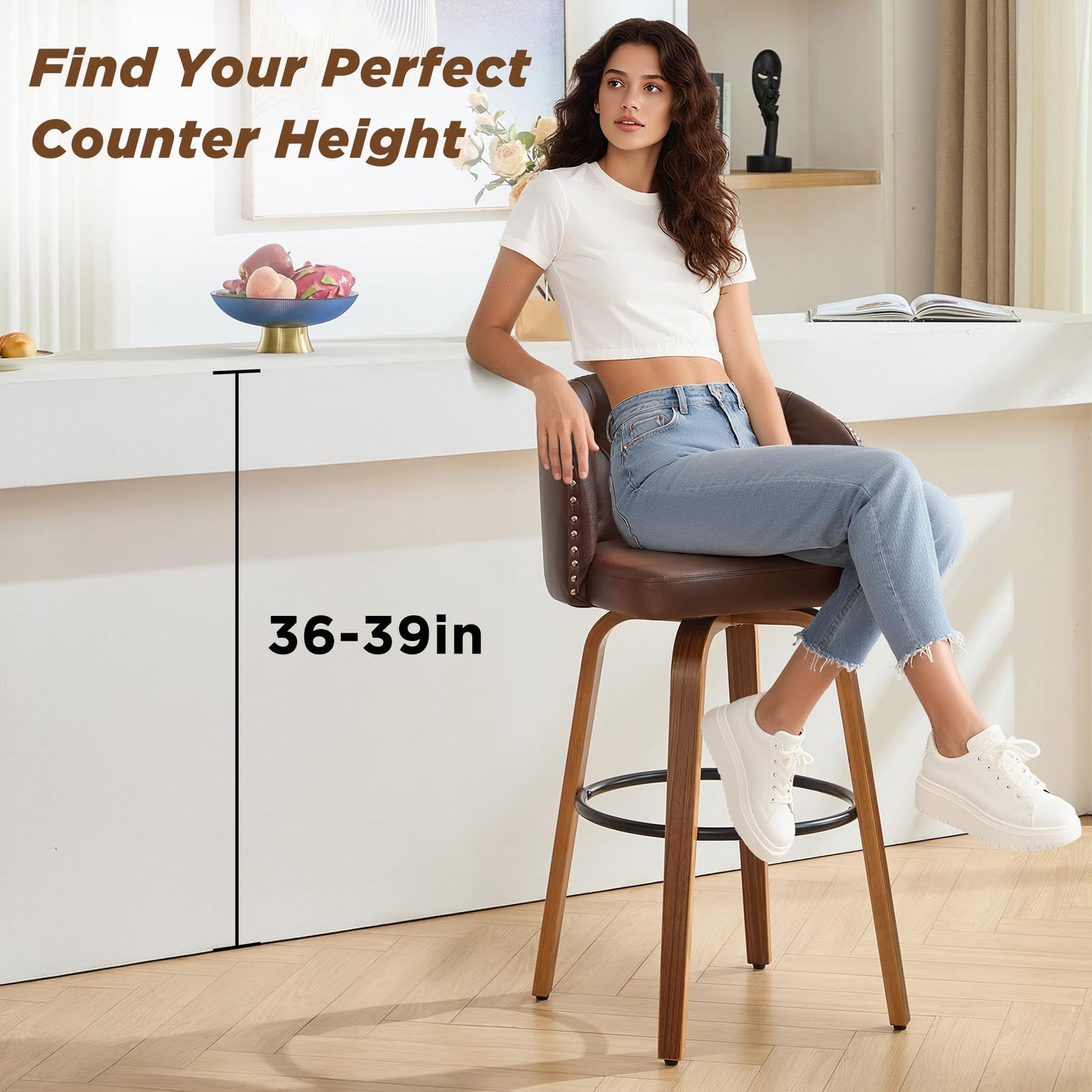Dorlicecass 26" H Counter Height Bar Stools Set of 4，360°Swivel Bar Stools with Back,Seat Height Upholstered Counter Stools with Wood Legs and Footrest，Leather Farmhouse（Brown）