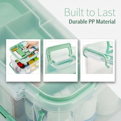 Goaste 15QT Clear Medicine Organizer Box with Handle, Plastic Medicine Container with Detachable Tray, Portable First Aid Bin Empty, Multipurpose Medical Storage Case for Home, Craft Supplies, Green