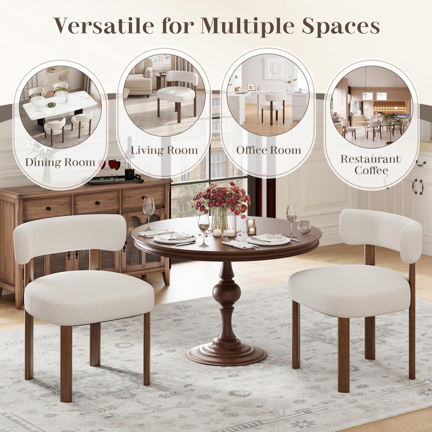 smartue Wooden Dining Chairs Set of 6, Upholstered Kitchen Chairs with Solid Wood Legs, Mid Century Dining Room Chair with Ergonomic Curved Backrest for Kitchen Dining Vanity, Beige