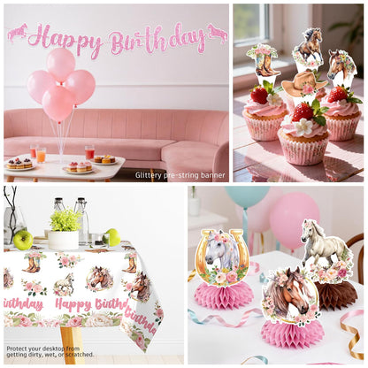 214Pcs Cowgirl Birthday Party Decorations Serve 25, Horse Party Supplies Includes Backdrop, Plates, Napkins, Cups, Banner, Hanging Swirl, Tablecloth, Cake Topper for Girl Birthday Decorations