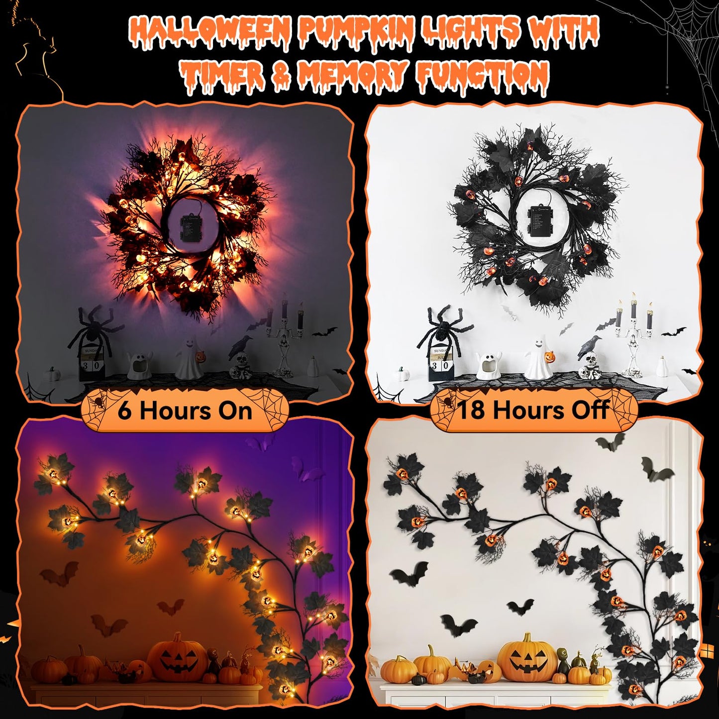 6 FT 54 LED Halloween Lights, 8 Modes & Timer Battery Operated Halloween Pumpkins Lights with Willow Vine Twig Garland, 3D Waterproof Decorations Lights for Home Indoor Wall Fireplace Mantle Party