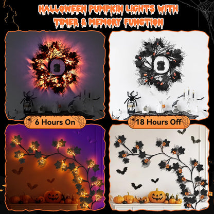 6 FT 54 LED Halloween Lights, 8 Modes & Timer Battery Operated Halloween Pumpkins Lights with Willow Vine Twig Garland, 3D Waterproof Decorations Lights for Home Indoor Wall Fireplace Mantle Party