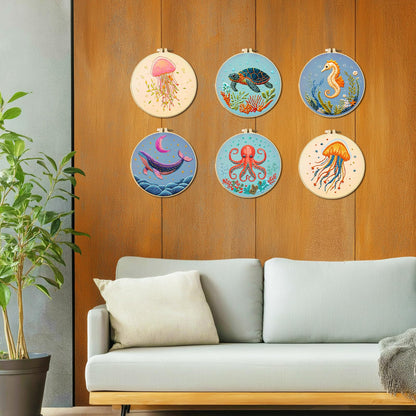 ACRNIGHEET 6PCS Embroidery Kit for Adults Beginners, Sea Animals Embroidery Starter Kit, Stamped Cross Stitch Kits for Crafts Lovers Gift Idea, Include Instructions 6 Stamped Embroidery Cloth 2 Hoop