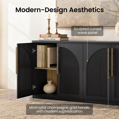 ModernMate Set of 2 Arched Sideboard Cabinets, 62" Modular Storage Buffet Table with Wave-Panel Doors, Black Wood Grain Media Console with Soft-Close Hinges for Living Room