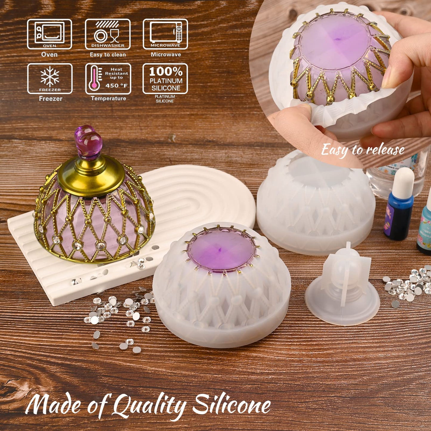 Actvty Jar Resin Mold, Jar Silicone Molds with Lid, Large Resin Jar Mold with 100 Pieces Rhinestones for DIY Trinket Storage, Jewelry Container, Candle Jars, Craft Gifts