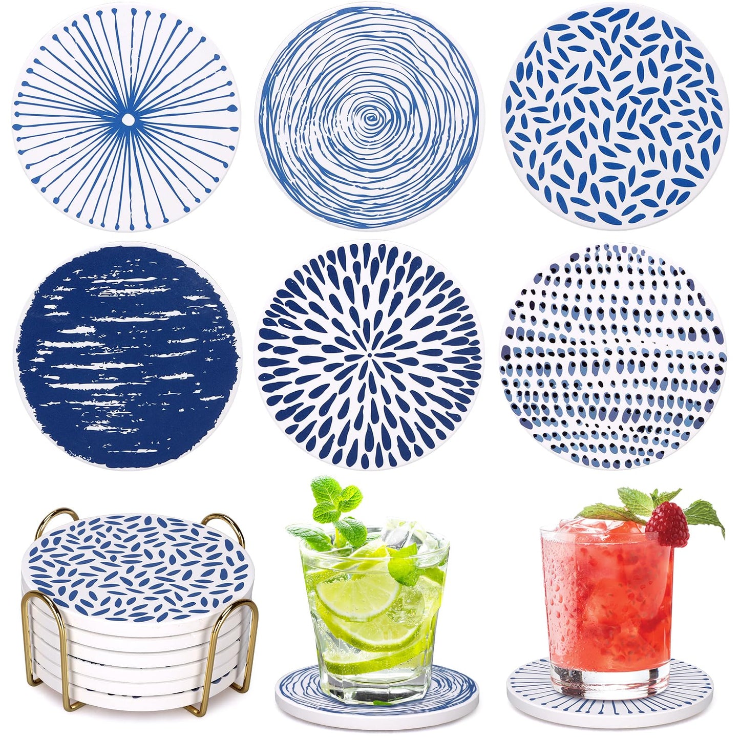 Dksyee Absorbent Coasters Set of 6 Round Ceramic Coasters for Drinks Modern Blue Boho Coaster with Holder for Coffee Table Decor, Outdoor, Desk