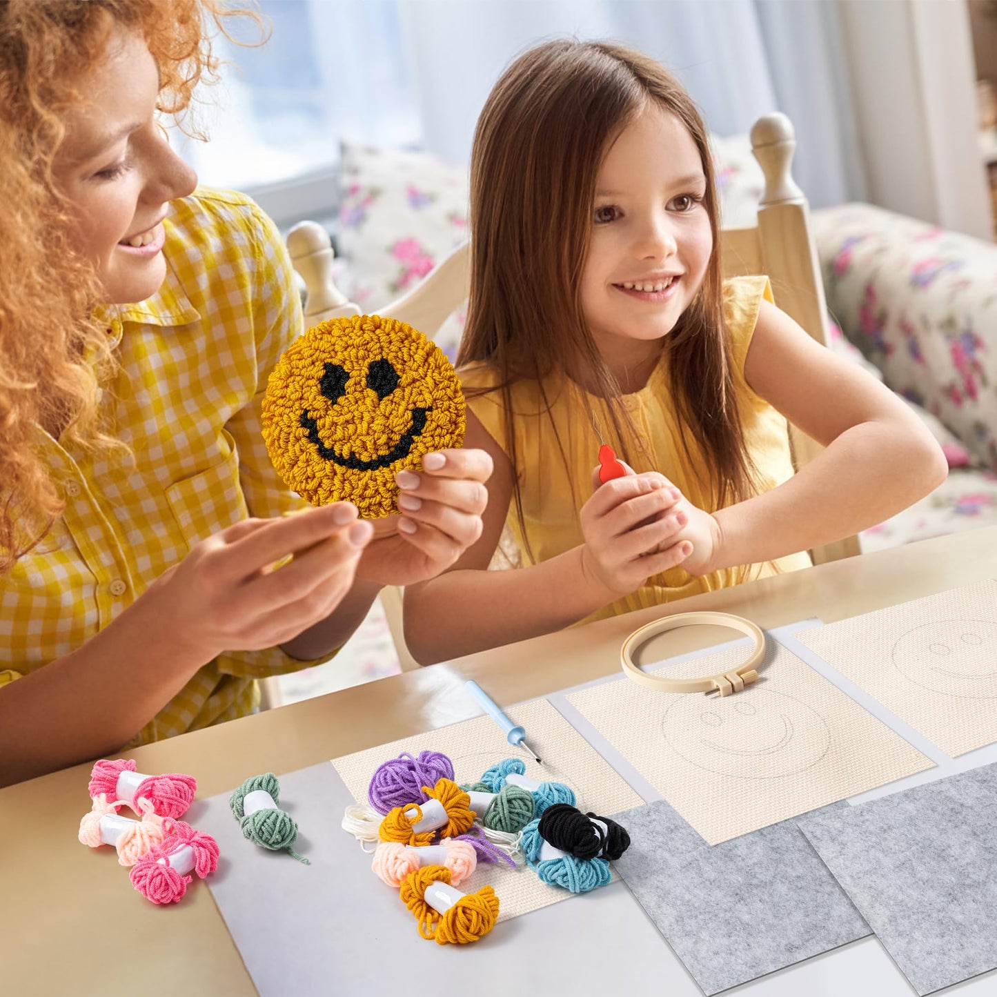 FoszaSzept Smile Punch Needle Coaster Kit, 22Pcs Embroidery Needle Coasters Crafts for Beginners, Easy DIY Mug Tufted Making Set with 6 Patterns Hoop Self Adhesive Felt Cloth Threading Device Gifts