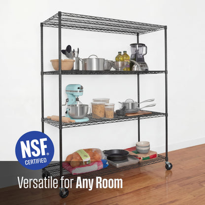 SafeRacks - NSF Certified Storage Shelves, Zinc, Heavy Duty Steel Wire Unit with Wheels and Adjustable Feet, Garage or Bakers Rack, Kitchen, Pantry Shelf - (24"x60"x72" 4-Tier) (Black)