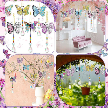 Tradder 6 Pcs Spring Butterfly Diamond Painting Wind Chimes Diamond Painting Suncatcher Art Kit Double Sided Butterfly Ornaments 5d Rhinestone for Spring Home Garden