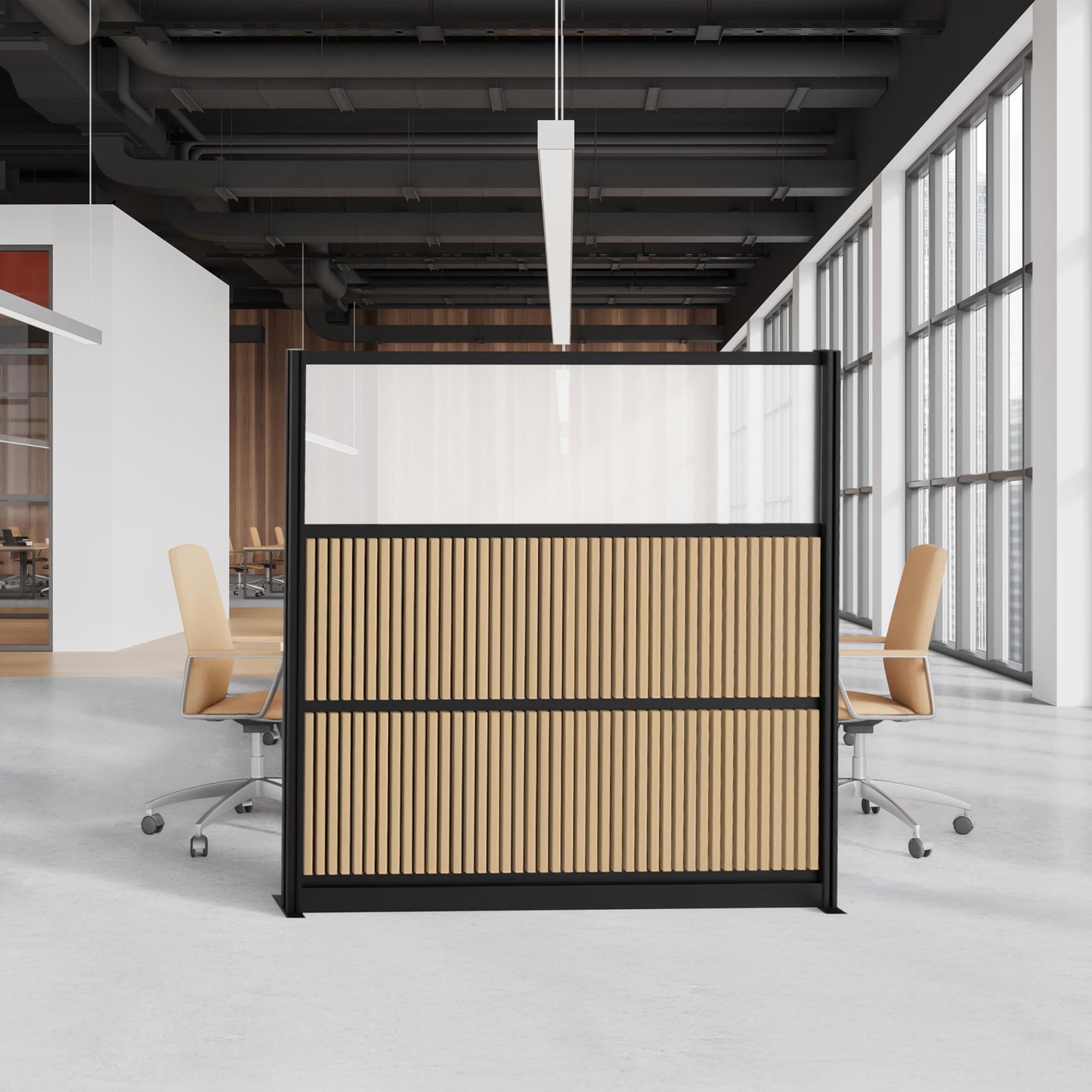 Room Divider for Office Privacy – Modular Freestanding Acoustic Office Partition with PET Sound Dampening Panels and Faux-Wood Slats, 70” x 70”, Grove Sound Dampening Wall, Black Frame, Easy Assembly