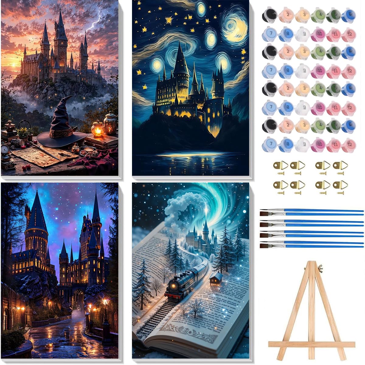 4 Pack Paint by Numbers for Adults with Framed Canvas - with Wooden Easel, Magic Castle Paint by Number on Canvas, Fantasy DIY Acrylic Oil Painting Kits with Brushes for Home Wall Decor 8x12 inch