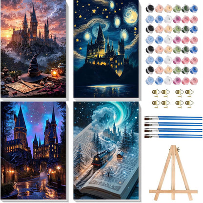 4 Pack Paint by Numbers for Adults with Framed Canvas - with Wooden Easel, Magic Castle Paint by Number on Canvas, Fantasy DIY Acrylic Oil Painting Kits with Brushes for Home Wall Decor 8x12 inch
