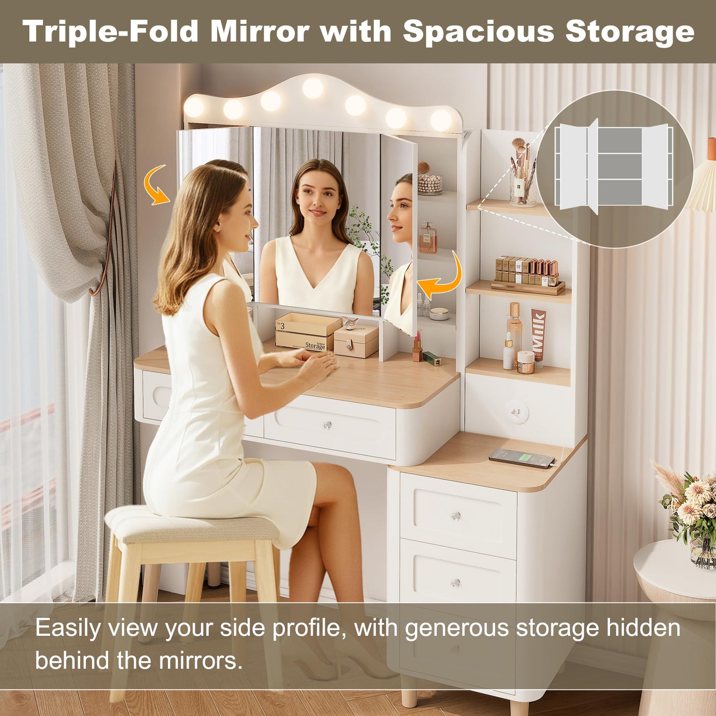 KEIKI Vanity Desk with Adjustable LED Lighted Mirror & USB Ports, Makeup Vanity Table Set with & Foldable 3-Sided Mirror & Large 5 Storage Drawers & Chest for Women and Girls Bedroom Dorm