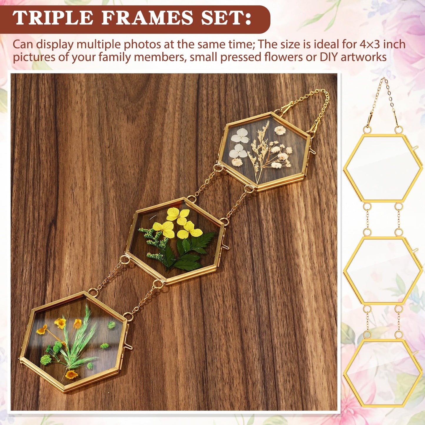 Marsui 3 Set Double Glass Frame Collage For Pressed Flowers with 9 Pcs 4 x 3 Inch Openings Gold Hanging Glass Floating Photo Frames for Artwork Display Photo Modern Home Wall Decor