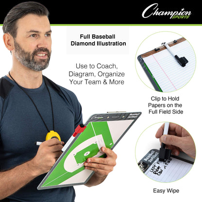 Champion Sports Dry Erase Clipboard for Coaching Baseball - Whiteboards for Strategizing, Techniques, Plays - 2-Sided Clipboards with Clip - Front Side Full Feild - Backside 2-Team Lineup (BSBOARD)