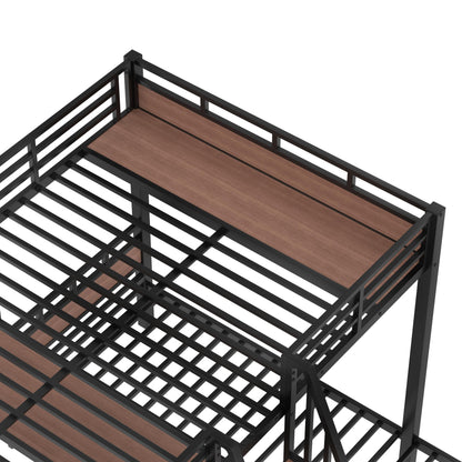 Bellemave Queen Over Twin Over Twin Bunk Beds for 3 Kids,Metal Heavy Duty Triple Bunk Bed Frame with Stairs and Storage Shelf,3 Bed Bunk Beds,Twin Size Triple Bed,Black