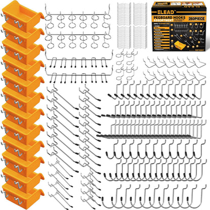 ELEAD 260 Piece Pegboard Hooks 1/8 and 1/4 inch peg Board Organizer Accessories with Pegboard Bins for Organizing Various Tools in The Garage Kitchen Bathroom Craft Room