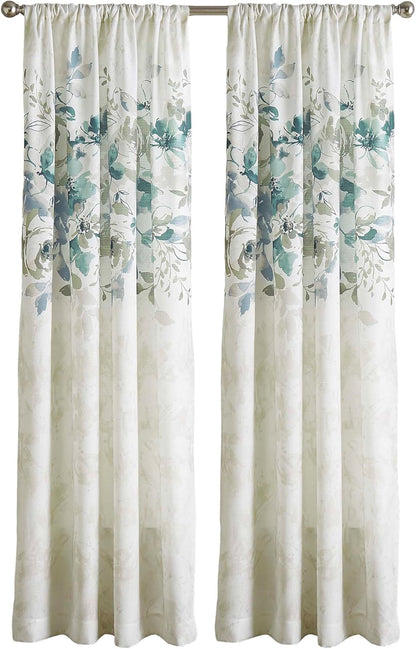 CHF Watercolor Floral Curtain Panel, 84", Aqua
