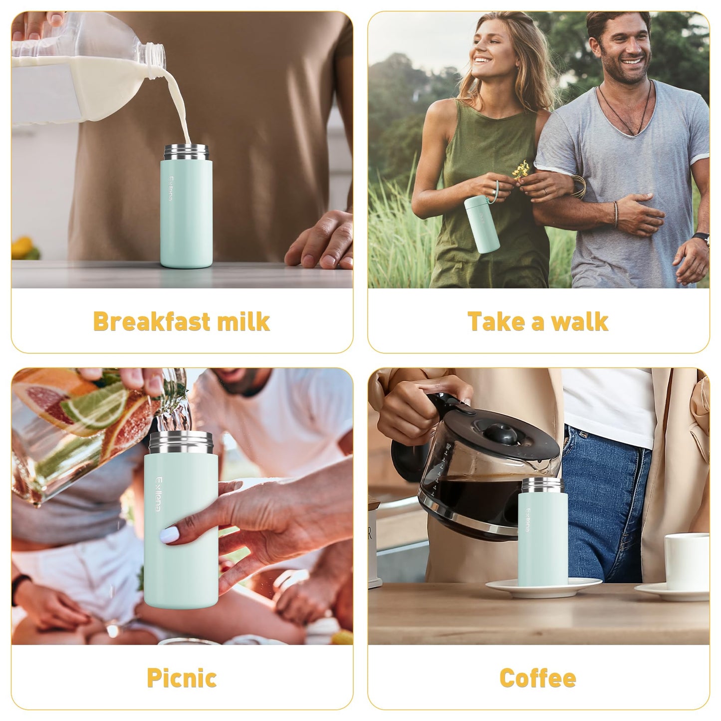 Exllena Small Water Bottle 10oz, Small Insulated Water Bottle for Hot&Cold Drinks, Water Bottle Purse with Carry Handle - 100% Leakproof Perfect for School, Travel...(Mint)