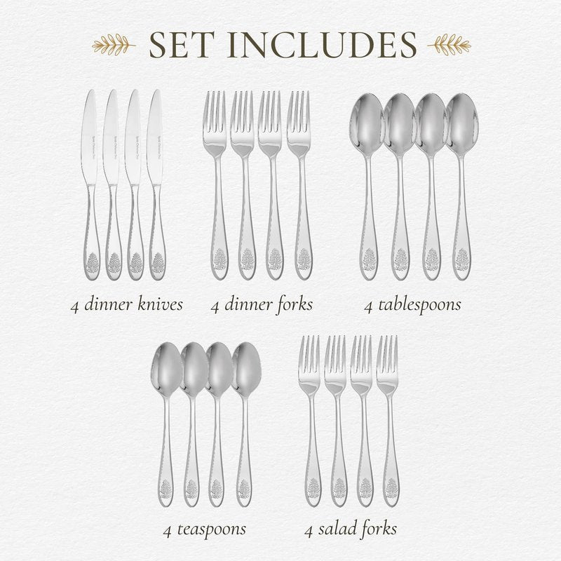 Spode Christmas Tree Collection 20-Piece Stainless Steel Flatware Set - Holiday Cutlery Set - Dishwasher Safe Silverware - 4 Dinner Forks, Salad Forks, Dinner Knives, Tablespoons, Teaspoons