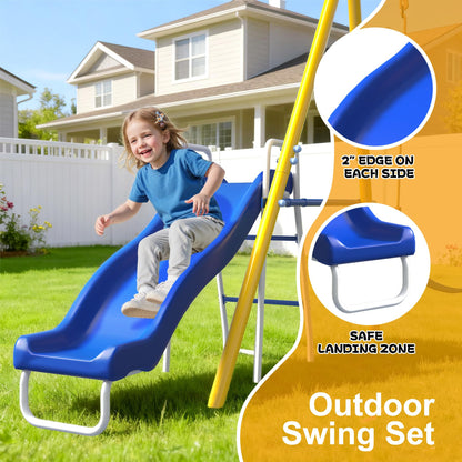 SMkidsport Heavy-Duty 5-in-1 Metal Swing Set for Backyard, Outdoor Playset for Kids 3-12 with Slide, 2 Swings, Basketball Hoop & Gymnastic Rings, Easy Assembly