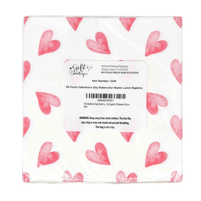 Gift Boutique Watercolor Heart Lunch Napkins, 50 Count 3-Ply Paper Napkins for Valentine’s Day Parties, Showers, Weddings & Events