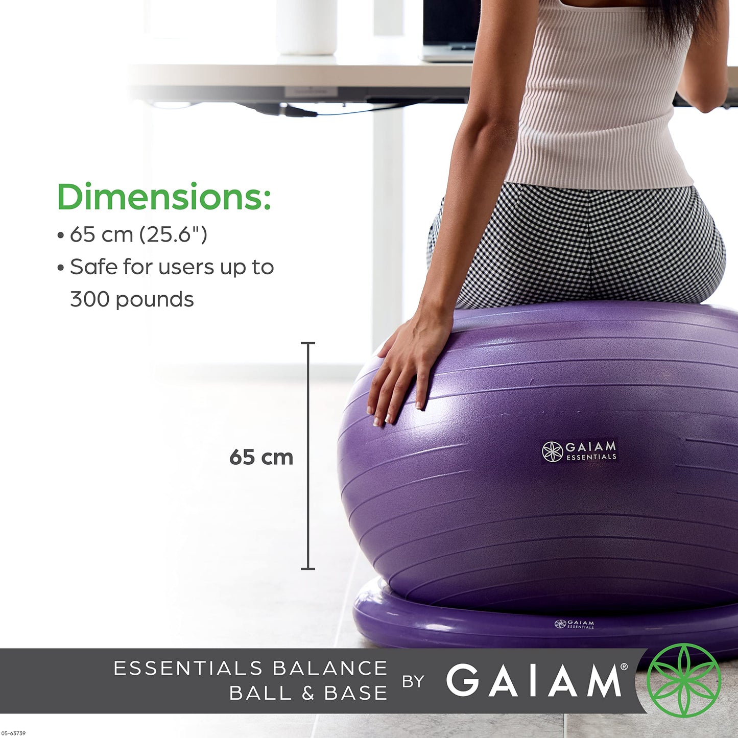 Gaiam Essentials Balance Ball & Base Kit, 65cm Yoga Ball Chair, Exercise Ball with Inflatable Ring Base for Home or Office Desk, Includes Air Pump